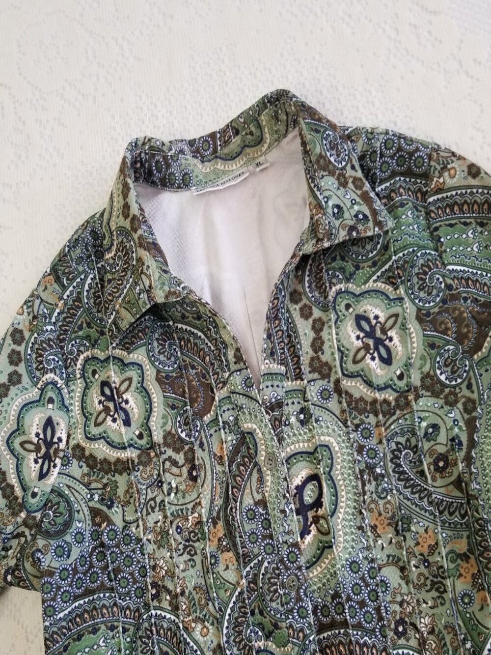 Rebecca Malone Green Paisley Corduroy Button Up Shirt Pintuck Pleats XL